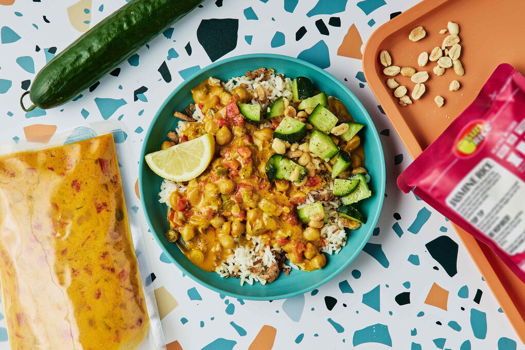 Yellow Veggie Curry, Rice and Cucumber Pickle